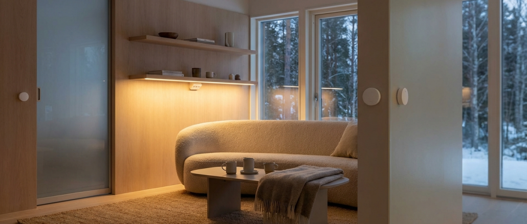 Salón con diseño escandinavo minimalista mostrando sensores inteligentes frient Zigbee en paredes y puertas, iluminación cálida ambiente hogareño