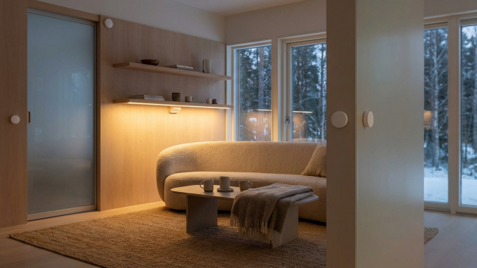 Salón con diseño escandinavo minimalista mostrando sensores inteligentes frient Zigbee en paredes y puertas, iluminación cálida ambiente hogareño