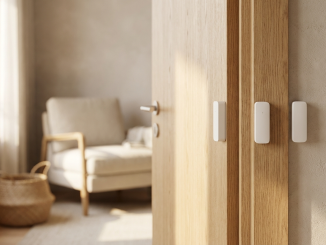 Sensores inteligentes frient montados en marco de puerta de madera - Sensor de movimiento PIR, sensor de puertas y ventanas, y sensor de humedad Zigbee 3.0