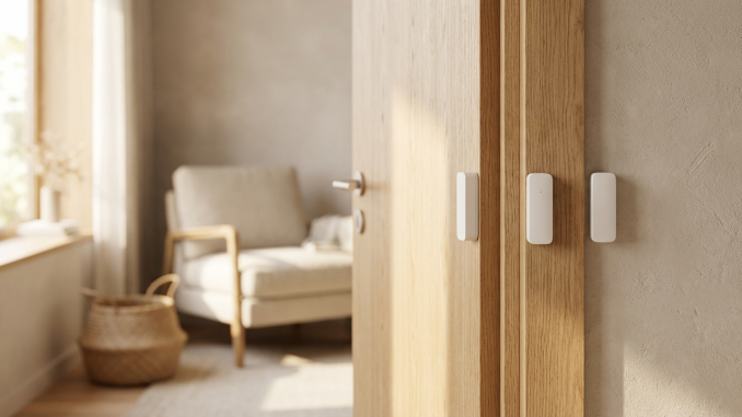 frient-serie-2 Sensores inteligentes frient montados en marco de puerta de madera - Sensor de movimiento PIR, sensor de puertas y ventanas, y sensor de humedad Zigbee 3.0