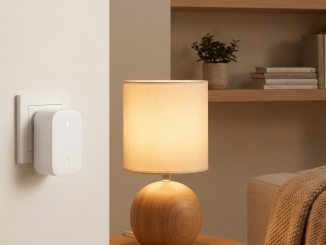 Enchufe inteligente frient Smart Plug Mini 2 conectado a una lámpara moderna en salón escandinavo con monitorización de energía