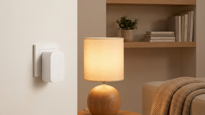 Enchufe inteligente frient Smart Plug Mini 2 conectado a una lámpara moderna en salón escandinavo con monitorización de energía