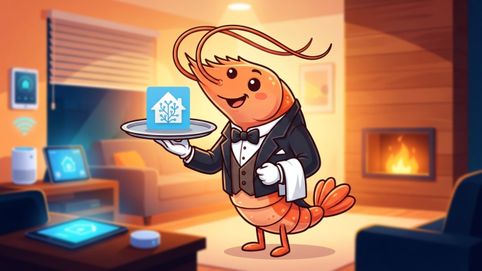 gamba-jarvis-home-assistant Gamba mayordomo con bandeja y logo de Home Assistant - OpenClaw Jarvis