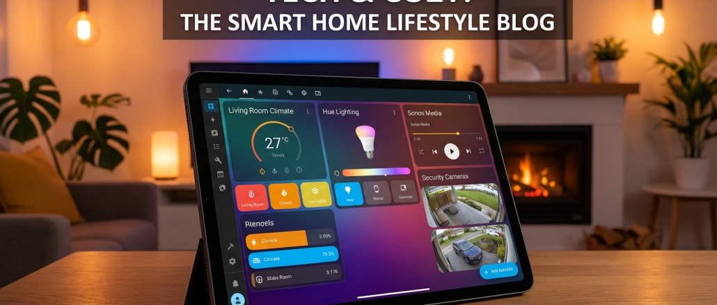 Dashboard de Home Assistant 2026.2 en tablet con dispositivos smart home