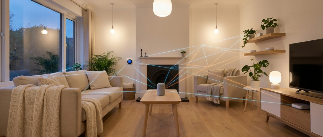 Salón moderno con dispositivos smart home compatibles con Matter y red Thread mesh