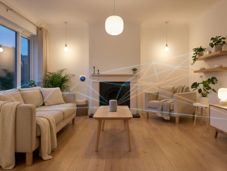 Salón moderno con dispositivos smart home compatibles con Matter y red Thread mesh