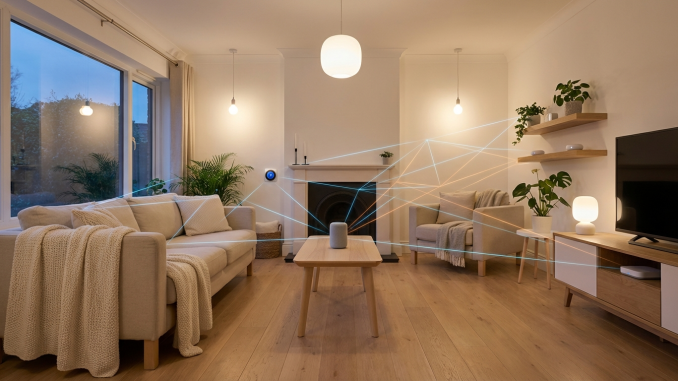 Salón moderno con dispositivos smart home compatibles con Matter y red Thread mesh
