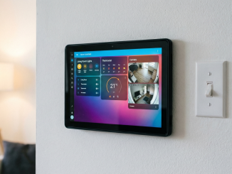 Amazon Fire HD 10 tablet montada en pared con dashboard de Home Assistant