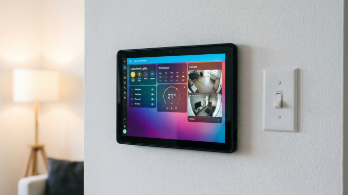 Amazon Fire HD 10 tablet montada en pared con dashboard de Home Assistant