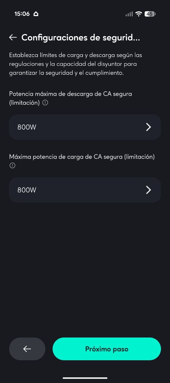 Configuración de seguridad con límites de 800W
