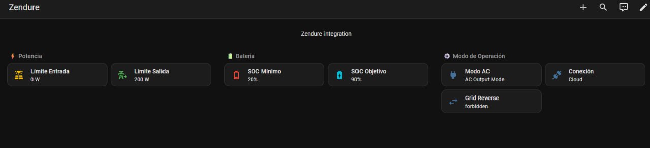 Panel Zendure en Home Assistant con controles de potencia, batería y modo